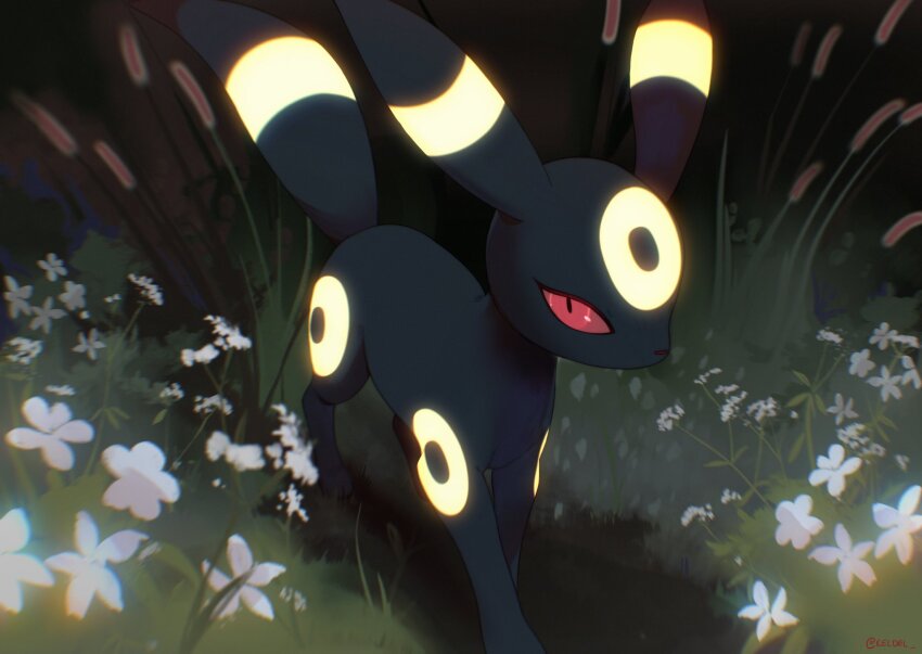 animal_focus, colored_sclera, facial_mark, flower, forehead_mark, gen_2_pokemon, highres, horizontal_pupils