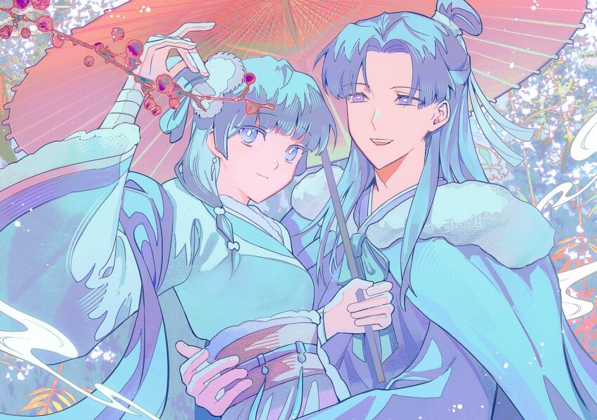 1boy, 1girl, chinese_clothes, fur_trim, hair_bun, half_updo, hanfu, holding