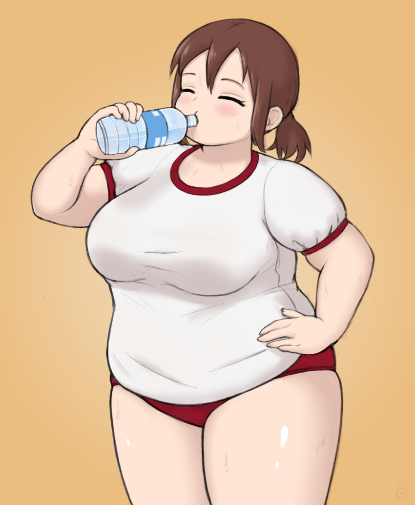 1girl, blush, boku_no_kokoro_no_yabai_yatsu, bottle, breasts, brown_hair, buruma, closed_eyes
