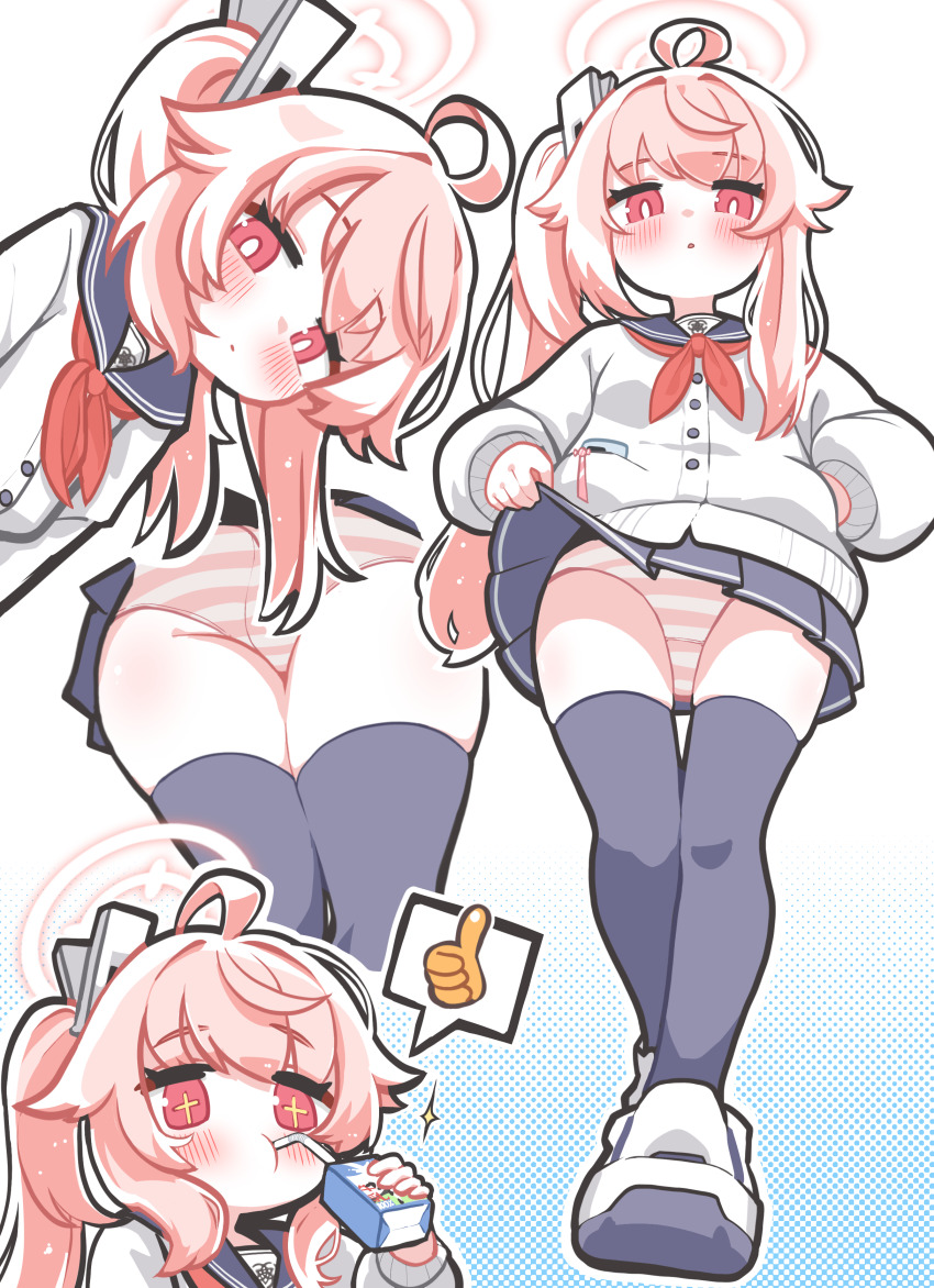 +_+, 1girl, absurdres, ahoge, asymmetrical_hair, blue_archive, blue_sailor_collar, blue_skirt, blue_thighhighs, blush, cardigan, clothes_lift, commentary_request, drink_carton, drinking, drinking_straw, female_focus, full_body, groin, halo, hand_in_pocket, highres, holding, holding_milk_carton, korean_commentary, lifting_own_clothes, loli, long_hair, long_sleeves, looking_at_viewer, milk_carton, miniskirt, multiple_views, natsu_(blue_archive), neckerchief, panties, pantyshot, parted_lips, pink_eyes, pink_hair, pink_halo, pink_panties, pleated_skirt, puffy_long_sleeves, puffy_sleeves, red_neckerchief, sailor_collar, school_uniform, serafuku, shoeguy, shoes, side_ponytail, sidelocks, skindentation, skirt, skirt_lift, sparkle, speech_bubble, spoken_thumbs_up, striped_clothes, striped_panties, thighhighs, thighs, underwear, white_cardigan