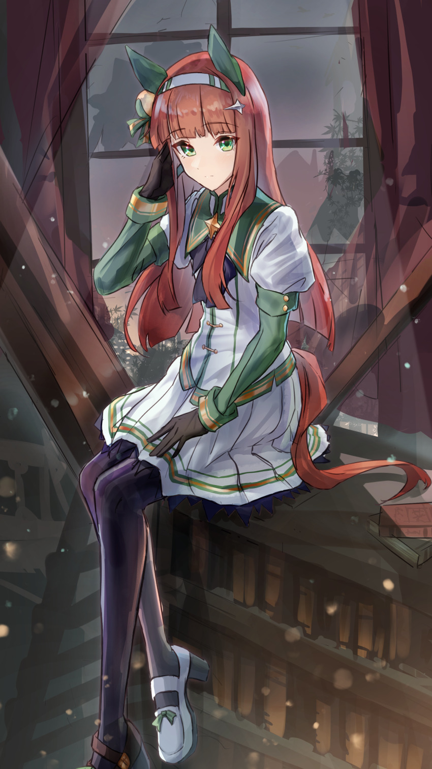 1girl, absurdres, animal_ears, black_gloves, black_pantyhose, dress, ear_covers, gloves