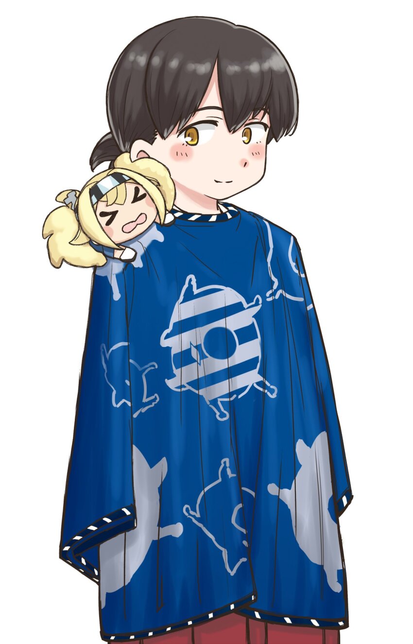 1girl, abyssal_ship, blue_shirt, brown_eyes, chibi_on_shoulder, doll_on_shoulder, enemy_lifebuoy_(kancolle), folded_ponytail