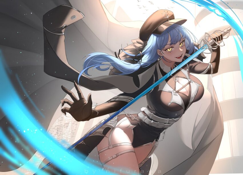 1girl, artist_name, belt, bird, black_coat, black_gloves, black_hat, black_leotard