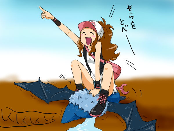 10s, bag, blush_stickers, boots, brown_hair, closed_eyes, gen_5_pokemon, hilda_(pokemon), kokoromori, nintendo, open_mouth, pointing, pokemon, pokemon_(creature), pokemon_black_and_white, ponytail, shorts, sitting, swoobat, tears, translation_request, vest