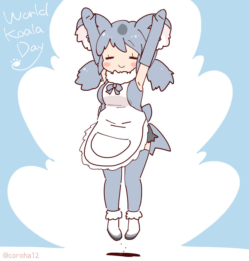 1girl, animal_ears, apron, arms_up, blue_background, blue_hair, bow, bowtie