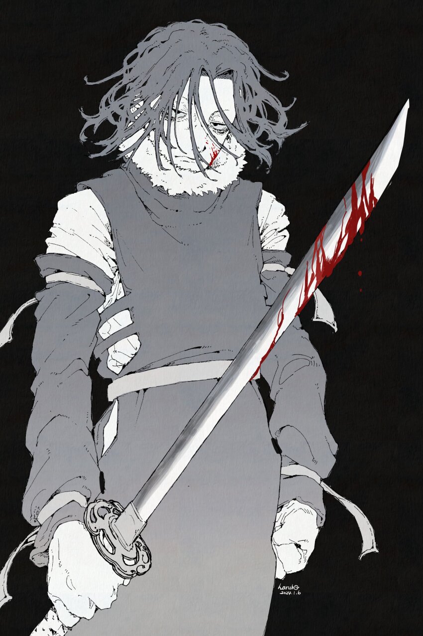 1boy, absurdres, black_background, blood, blood_on_face, bloody_weapon, clenched_hand, haruho_drst, highres, holding, holding_sword, holding_weapon, ink_(medium), kagurabachi, male_focus, simple_background, solo, soujou_genichi, sword, traditional_media, wavy_hair, weapon
