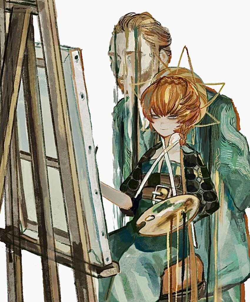 0onamae, 1boy, 1girl, arms_behind_back, beard, belt, black_sleeves, blue_eyes