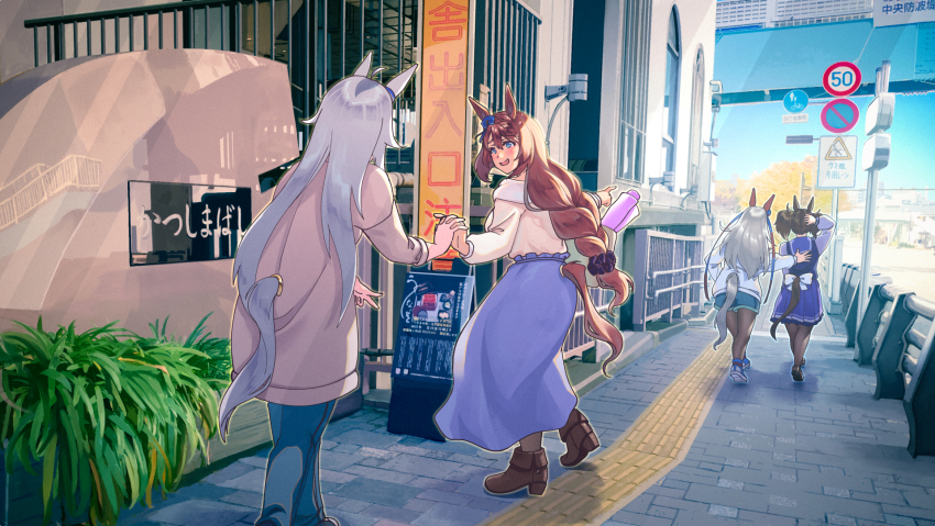 4girls, bag, bicycles_only_sign, blue_bow, blue_eyes, blue_shorts, blue_skirt, blue_sky