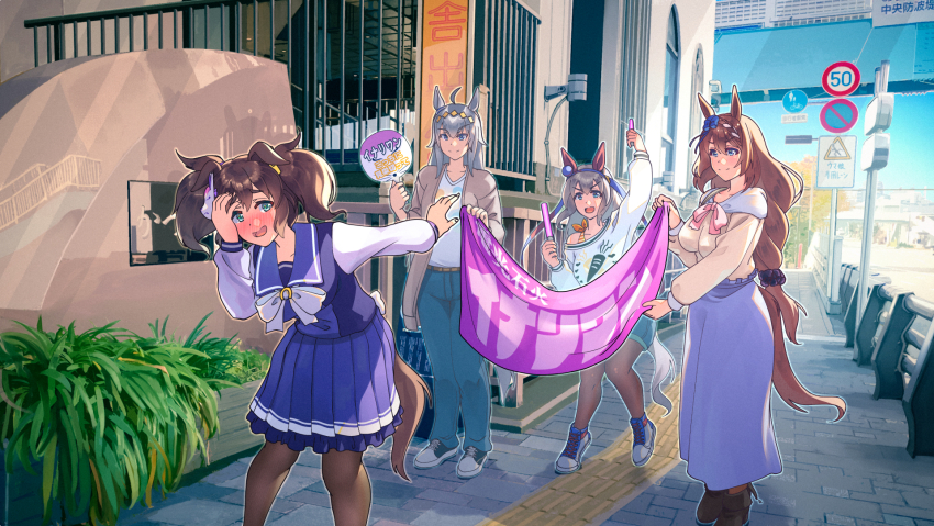 4girls, banner, bicycles_only_sign, blue_bow, blue_shorts, blue_skirt, blue_sky, blush