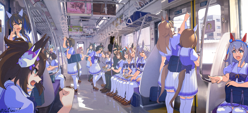 6+girls, absurdres, agnes_digital_(umamusume), agnes_tachyon_(umamusume), air_groove_(umamusume), air_shakur_(umamusume), angry, animal_ears, bag, black_bag, black_hair, blue_bow, blue_hair, blue_hairband, bow, bowtie, breasts, brown_eyes, brown_footwear, brown_hair, clenched_hand, closed_mouth, commentary_request, copano_rickey_(umamusume), daitaku_helios_(umamusume), ear_covers, feet_out_of_frame, fine_motion's_bodyguard_captain, fine_motion_(umamusume), fox_mask, full_body, gold_city_(umamusume), green_eyes, grey_hair, hair_between_eyes, hair_bow, hairband, highres, hokko_tarumae_(umamusume), horse_tail, horseshoe_ornament, inari_one_(umamusume), loafers, long_hair, looking_at_another, looking_at_viewer, mask, mask_on_head, medium_breasts, multicolored_hair, multiple_girls, nishino_flower_(umamusume), one_eye_closed, open_mouth, petticoat, pleated_skirt, pointing, puffy_short_sleeves, puffy_sleeves, purple_bow, purple_bowtie, purple_shirt, reihou19, sailor_collar, school_bag, school_uniform, seiun_sky_(umamusume), shirt, shoes, short_hair, short_sleeves, single_ear_cover, sitting, skirt, small_breasts, smile, standing, streaked_hair, summer_uniform, sunglasses, symboli_rudolf_(umamusume), tail, tamamo_cross_(umamusume), thighhighs, tracen_school_uniform, train_interior, two-tone_hair, umamusume, v, white_skirt, white_thighhighs, wonder_acute_(umamusume), yukino_bijin_(umamusume)