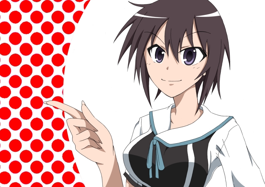 1girl, black_hair, brown_hair, halftone, halftone_background, kirishima_saki_(yumekui_merry), pointing, polka_dot