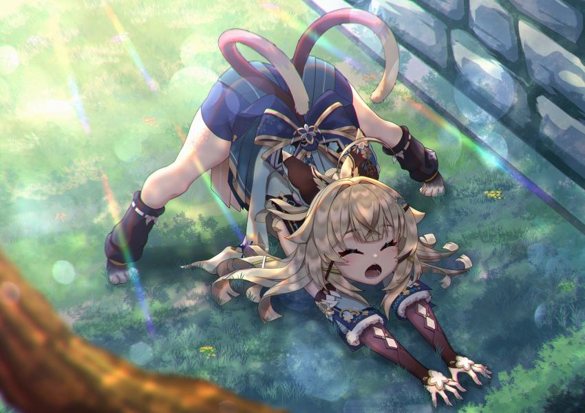 1girl, :o, ^_^, absurdres, animal_ears, ass, black_socks, blunt_bangs, brick_wall, bridal_gauntlets, brown_hair, cat_ears, cat_feet, cat_girl, cat_tail, closed_eyes, commentary_request, dd_che_shen, detached_sleeves, genshin_impact, grass, hair_between_eyes, hair_ornament, hairclip, highres, jack-o'_challenge, japanese_clothes, kirara_(genshin_impact), long_hair, loose_socks, multicolored_hair, multiple_tails, nekomata, outdoors, short_sleeves, sidelocks, socks, solo, spread_legs, streaked_hair, stretching, sunlight, tail, top-down_bottom-up, two-tone_hair, two_tails, wide_sleeves, x_hair_ornament, yawning
