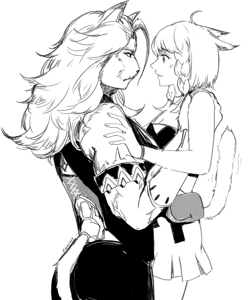 2girls, ahoge, animal_ears, armlet, bag, cat_ears, cat_tail, eye_contact, final_fantasy, final_fantasy_xiv, furry, furry_female, fwoshy, highres, hrothgar, jewelry, lifting_person, lion_ears, lion_tail, looking_at_another, miniskirt, miqo'te, multiple_girls, muscular, muscular_female, satchel, short_hair, skirt, sleeveless, tail, tail_raised, warrior_of_light_(ff14)