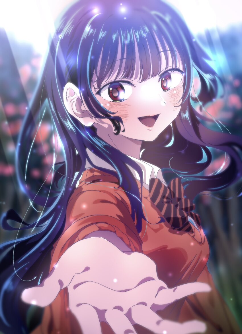 1girl, black_neckerchief, blue_hair, blurry, blurry_background, blush, boku_no_kokoro_no_yabai_yatsu, brown_eyes