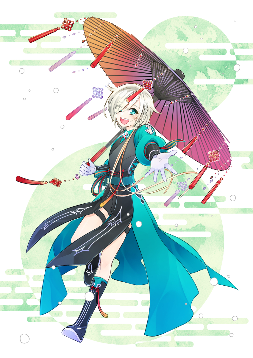 1boy, :d, absurdres, black_boots, black_shorts, black_vest, blush, boots, braid, coat, coattails, commentary_request, egasumi, eyes_visible_through_hair, full_body, green_coat, green_eyes, grey_hair, hair_between_eyes, hair_over_one_eye, highres, long_bangs, long_sleeves, looking_at_viewer, male_focus, new_year, noxxia39, oil-paper_umbrella, open_mouth, oscar_(ragnarok_online), puffy_long_sleeves, puffy_sleeves, purple_umbrella, ragnarok_online, reaching, reaching_towards_viewer, round_teeth, short_hair, shorts, side_braid, single_braid, smile, solo, tailcoat, teeth, umbrella, upper_teeth_only, vest