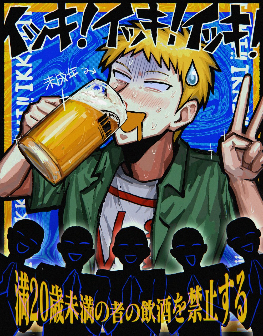 1boy, 5others, abstract_background, alcohol, beer, beer_mug, blonde_hair, blood