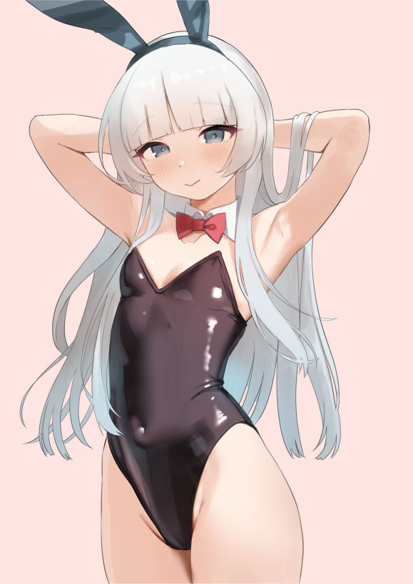 1girl, alternate_costume, animal_ears, arms_up, black_leotard, blunt_bangs, blush, bow, bowtie, breasts, closed_mouth, covered_navel, detached_collar, fake_animal_ears, grey_eyes, grey_hair, hands_in_own_hair, highleg, highleg_leotard, kantai_collection, leotard, long_hair, pink_background, playboy_bunny, rabbit_ears, red_bow, red_bowtie, sakiecho, shirakumo_(kancolle), simple_background, small_breasts, solo, strapless, strapless_leotard, very_long_hair