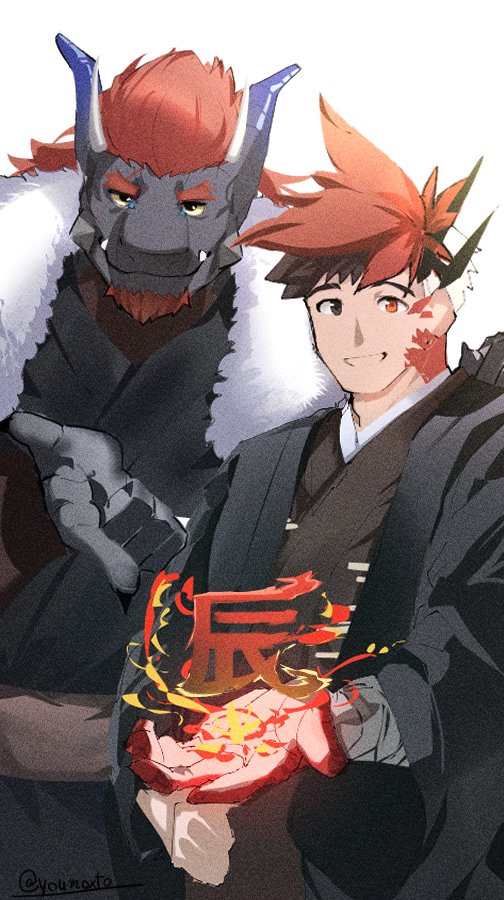 2boys, ai_manato, another_eidos-r, bara, barboros_(another_eidos), black_fur, black_hair, black_kimono