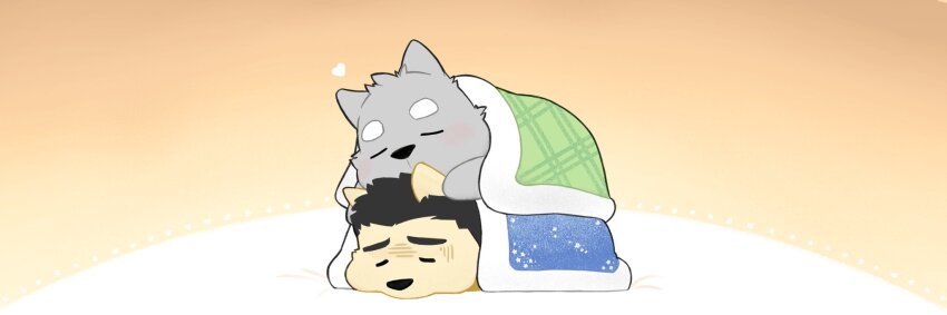 2boys, bara, black_hair, blush, chibi, chibi_only, couple, dog_boy