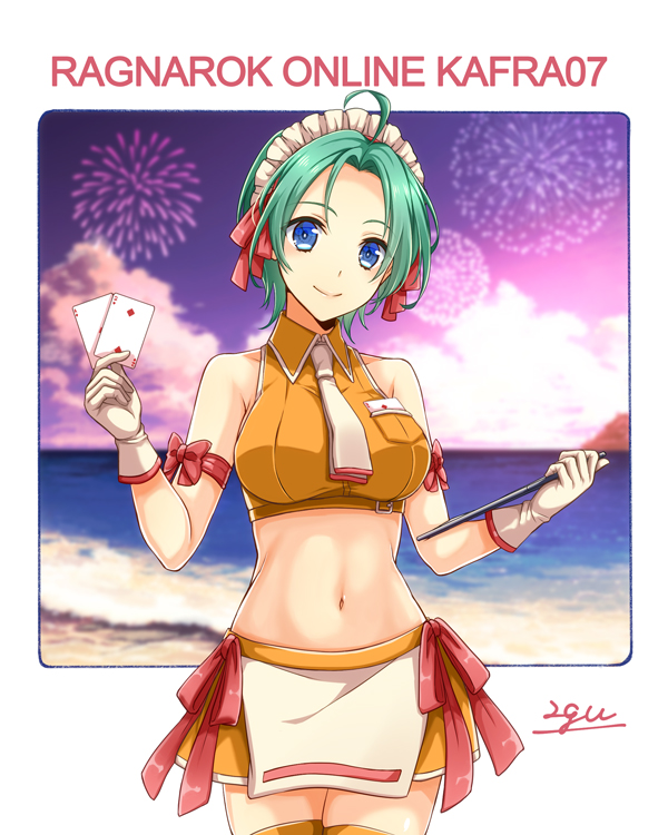 1girl, 20nigu, ace_(playing_card), ace_of_diamonds, aerial_fireworks, ahoge, apron, beach