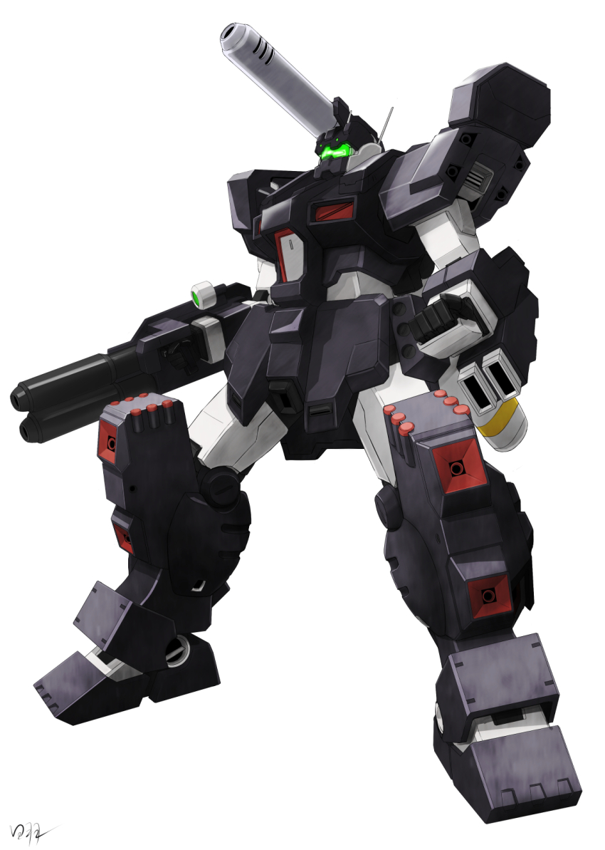 arm_cannon, beam_cannon, clenched_hand, commentary_request, concept_art, dual_arm_cannons, energy_cannon, gm_iii, gm_iii_beam_master, gundam, gundam_unicorn, gundam_zz, highres, hiwa_industry, machinery, mecha, mecha_focus, missile, missile_pod, mobile_suit, no_humans, radio_antenna, realistic, robot, science_fiction, shoulder_cannon, signature, weapon, white_background