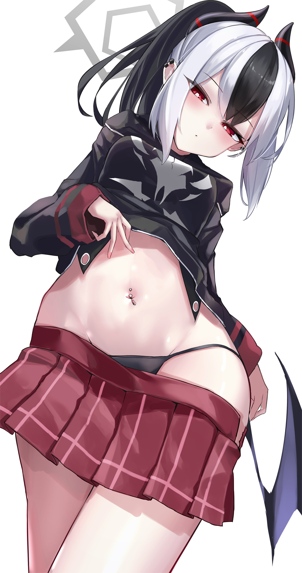 1girl, black_hoodie, black_horns, black_panties, black_wings, blue_archive, blush, closed_mouth, cowboy_shot, demon_horns, demon_wings, grey_halo, groin, hair_between_eyes, halo, highres, hood, hoodie, horns, kayoko_(blue_archive), kie_(yospcd), long_hair, long_sleeves, navel, navel_piercing, panties, piercing, pleated_skirt, red_eyes, red_skirt, simple_background, single_wing, skirt, solo, underwear, white_background, white_hair, wings