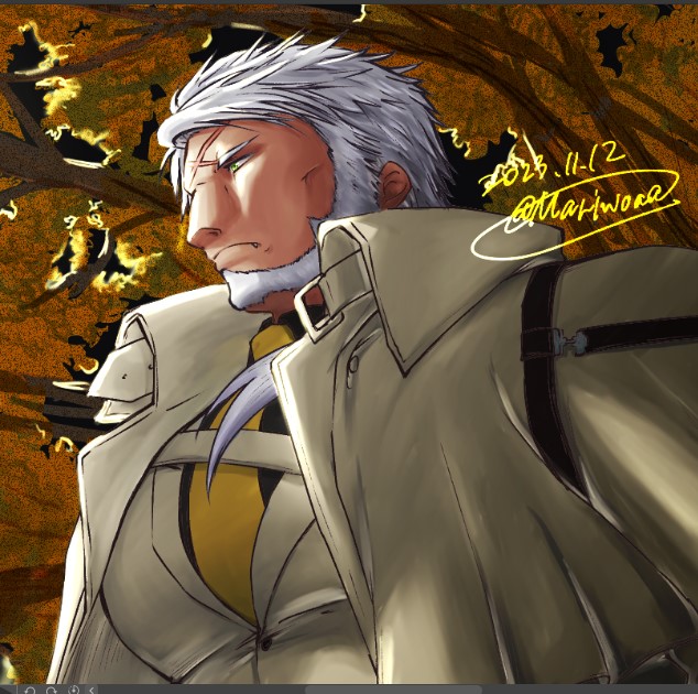 1boy, art_program_in_frame, autumn_leaves, bara, beard, coat, collared_shirt, cross_scar, facial_hair, fangs, forest, full_beard, green_eyes, kresnik_(housamo), large_pectorals, leaf, long_hair, looking_ahead, low_ponytail, male_focus, mario_(mariwoaa), mature_male, muscular, muscular_male, nature, necktie, pectorals, ponytail, scar, scar_on_face, scar_on_forehead, serious, shirt, solo, thick_beard, thick_eyebrows, tokyo_houkago_summoners, tree, unfinished, upper_body, white_hair