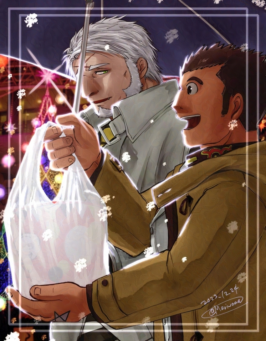 2boys, alternate_costume, bag, bara, beard, christmas, couple, cross_scar