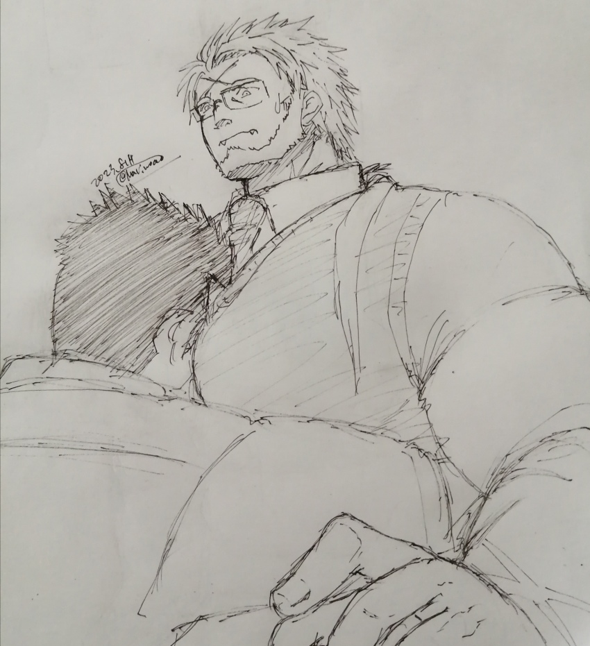 2boys, absurdres, bara, beard, between_pecs, between_pectorals, cross_scar, facial_hair