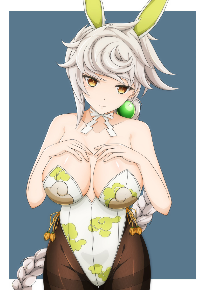 1girl, adapted_costume, animal_ears, asymmetrical_hair, bare_shoulders, bell_shireikan, blue_background, blush