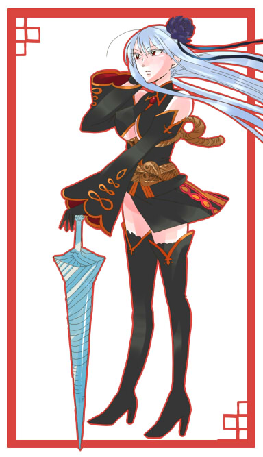 00s, 15iko, 1girl, adjusting_hair, black_thighhighs, blue_hair, breasts, cosplay