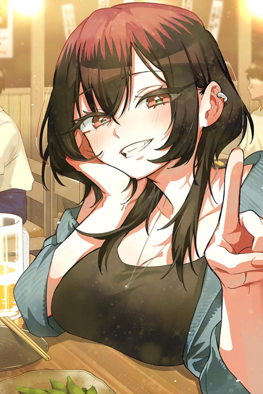 1girl, arm_rest, beer_mug, black_hair, black_shirt, blush, bonnouji_momoha, breast_rest, breasts, breasts_on_table, brown_eyes, brown_hair, chair, chopsticks, cleavage, clenched_teeth, cup, earrings, grey_jacket, grin, hair_between_eyes, head_rest, highres, izakaya, jacket, jewelry, kimi_no_koto_ga_dai_dai_dai_dai_daisuki_na_100-nin_no_kanojo, large_breasts, long_hair, looking_at_viewer, mug, multicolored_hair, necklace, nozawa_yukiko, official_art, peas, pointing, pointing_at_viewer, shirt, single_earring, smile, solo_focus, teeth, two-tone_hair, upper_body