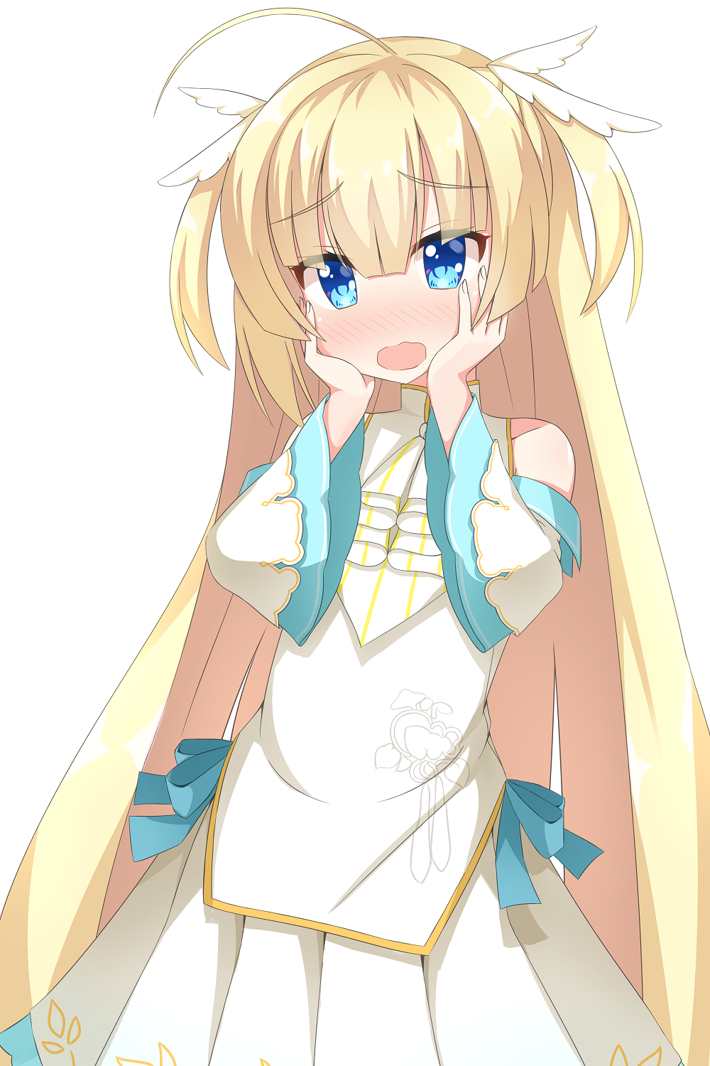 1girl, ahoge, ascot, bare_shoulders, blonde_hair, blue_eyes, blunt_bangs, blush