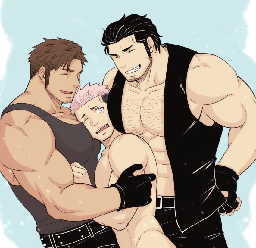 3boys, bara, boy_sandwich, chest_hair, clothed_male_nude_male, cowboy_shot, dark-skinned_male, dark_skin