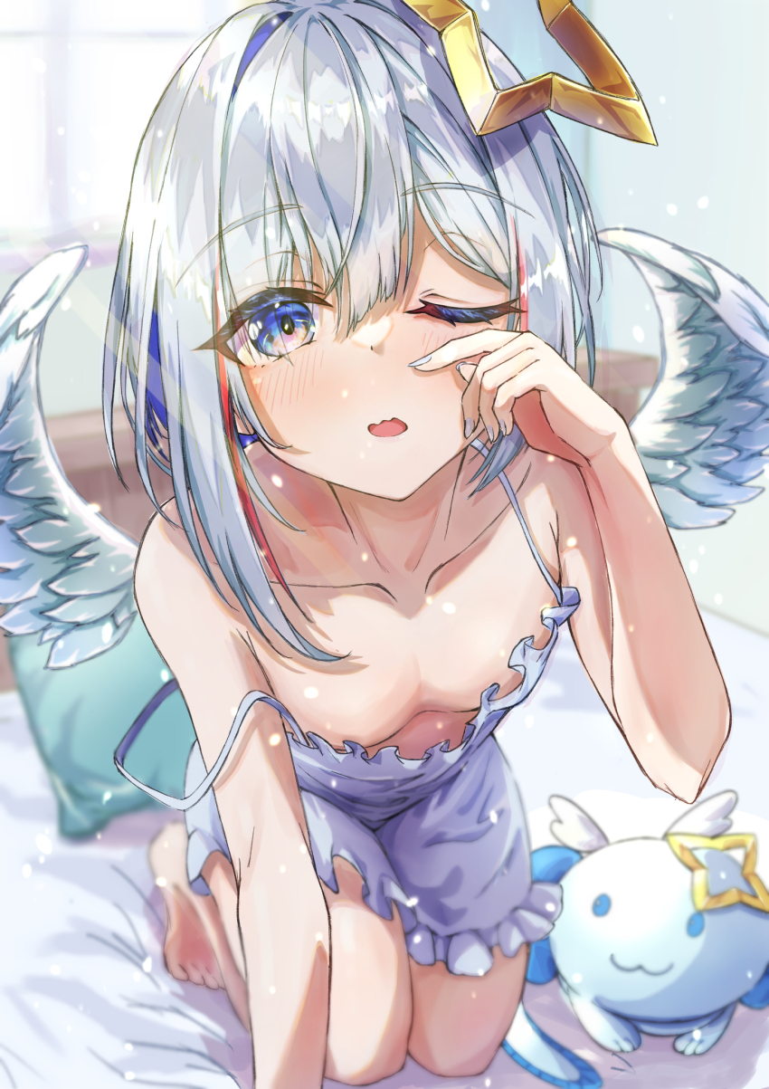 1girl, amane_kanata, angel, angel_wings, bare_shoulders, barefoot, blue_eyes, blue_hair