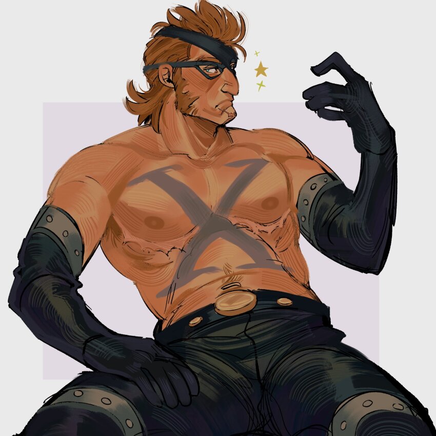 1boy, abs, bara, blush, cowboy_shot, dentdechieng, elbow_gloves, gloves, highres, large_pectorals, latex, latex_pants, long_sideburns, male_focus, mask, mastectomy_scar, muscular, muscular_male, navel, nipples, one_piece, pants, pectorals, scar, scar_on_chest, short_hair, sideburns, sideways_glance, solo, sparkle, stomach, tattoo, thick_thighs, thighs, x_drake