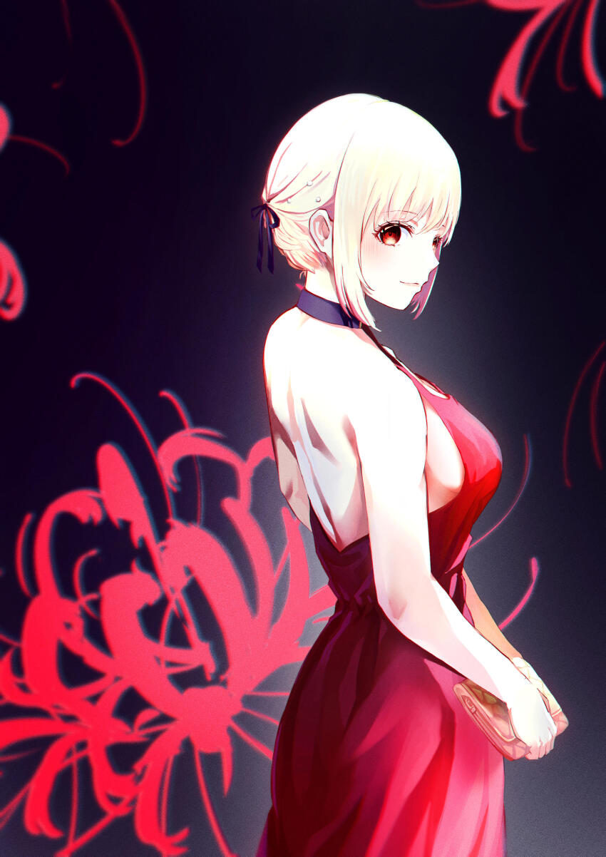 1girl, absurdres, alian2020, backless_dress, backless_outfit, bag, bare_shoulders, black_ribbon