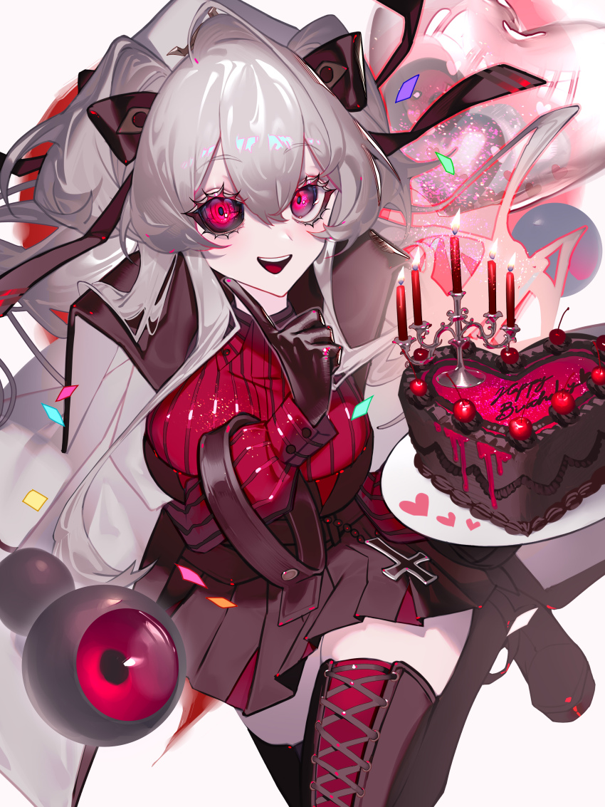 absurdres, alchemy_stars, birthday_cake, black_gloves, black_ribbon, black_sclera, boots, breasts