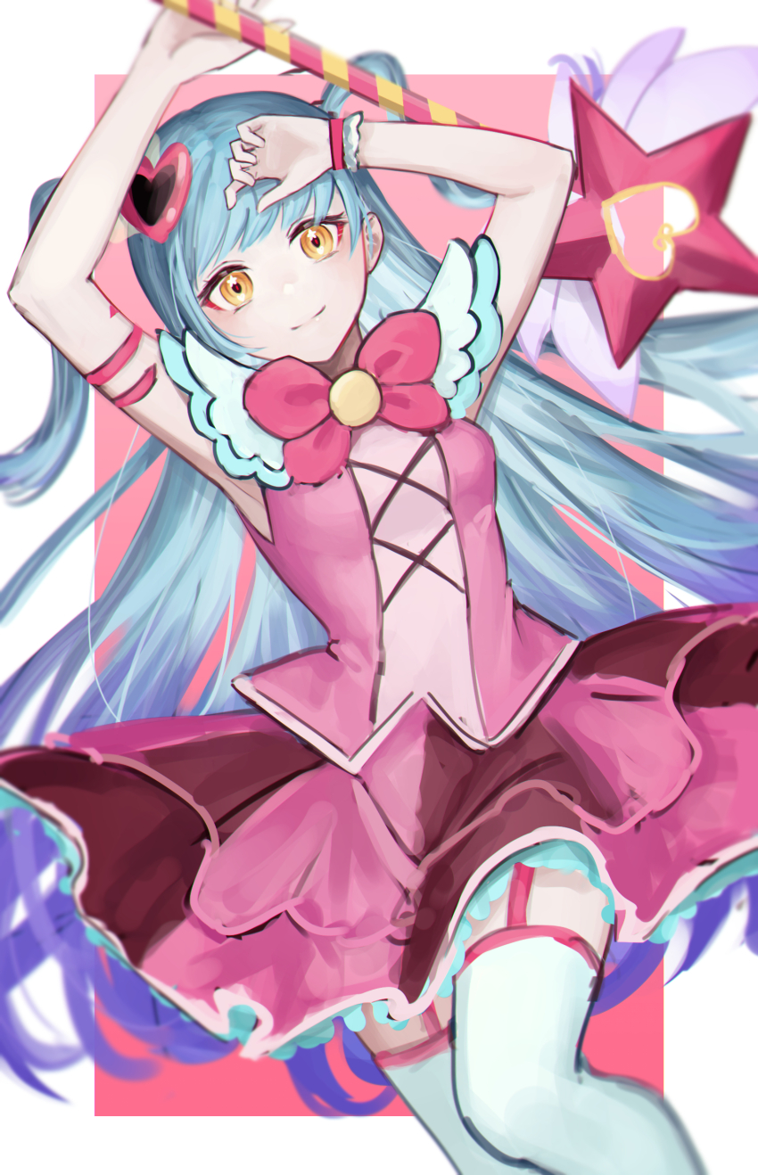 1girl, absurdres, arms_up, blue_hair, breasts, closed_mouth, cowboy_shot, dress