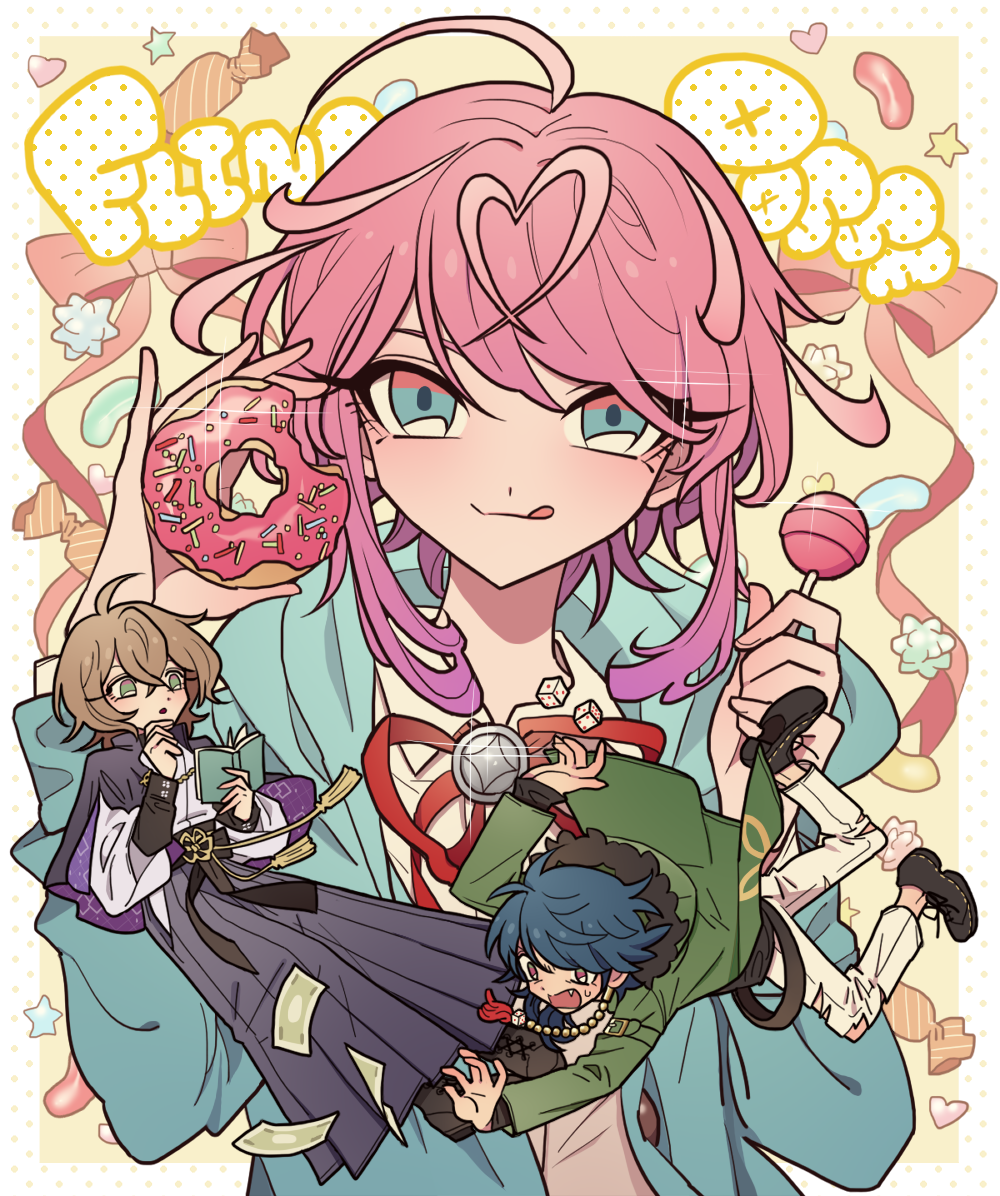 3boys, ahoge, amemura_ramuda, androgynous, arisugawa_dice, banknote, blue_eyes, blue_hair