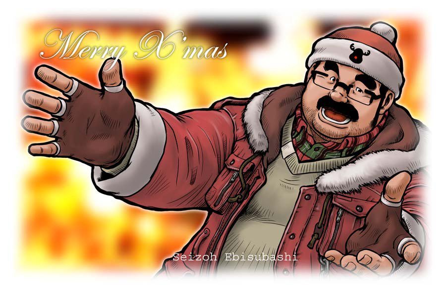1boy, artist_name, bara, beanie, beard_stubble, belly, black_hair, christmas, dutch_angle, facial_hair, fat, fat_man, fingerless_gloves, glasses, gloves, hat, jacket, male_focus, mature_male, merry_christmas, mustache, old, old_man, original, outstretched_arms, pectorals, raised_eyebrows, red_hat, reindeer_print, santa_costume, santa_hat, seizou_ebisubash, short_hair, solo, stubble, thick_eyebrows, thick_mustache, ugly_bastard, upper_body, winter_clothes