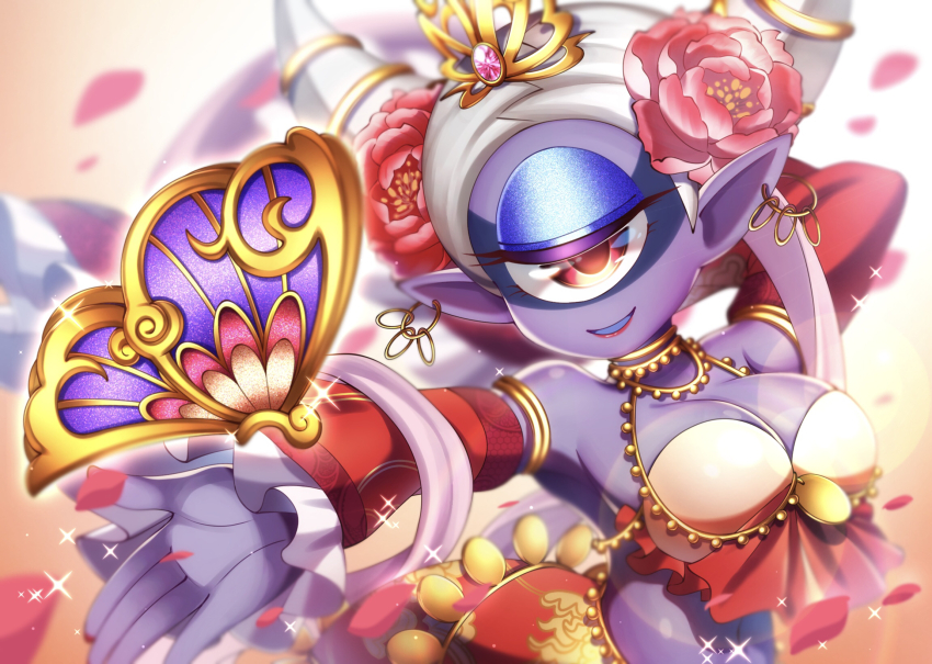 1girl, blue_eyeshadow, breasts, cleavage, colored_skin, cyclops, earrings, eyeshadow