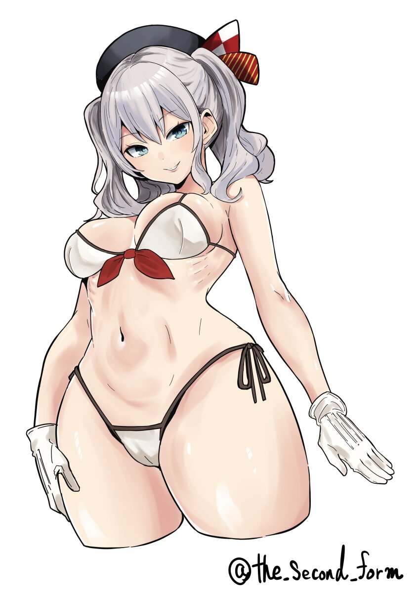 1girl, absurdres, bikini, blue_eyes, breasts, cropped_legs, front-tie_bikini_top, front-tie_top, gloves, grey_hair, highres, holly_dainikeitai, kantai_collection, kashima_(kancolle), medium_breasts, navel, one-hour_drawing_challenge, side-tie_bikini_bottom, simple_background, solo, swimsuit, twintails, twitter_username, wavy_hair, white_background, white_bikini, white_gloves