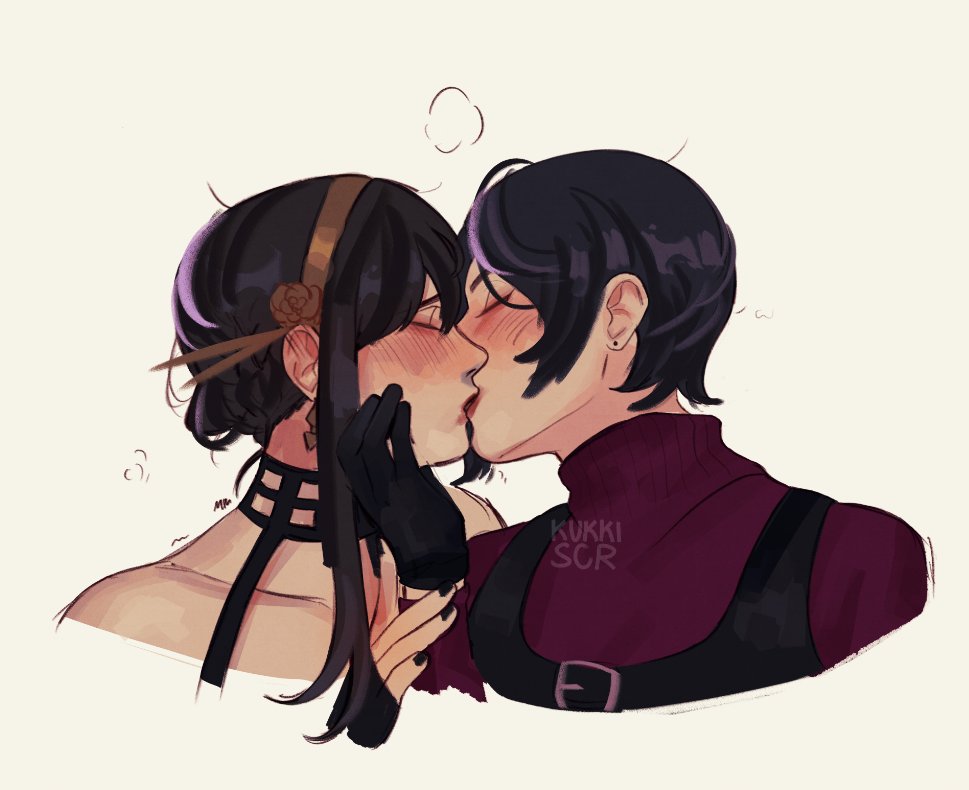 2girls, ada_wong, artist_name, black_hair, blush, closed_eyes, crossover, english_text, gloves, hairband, hand_on_another's_face, khessamaya, kiss, kukkiscr, lipstick, long_hair, makeup, multiple_girls, nail_polish, resident_evil, resident_evil_2, short_hair, simple_background, spy_x_family, sweater, upper_body, yor_briar, yuri