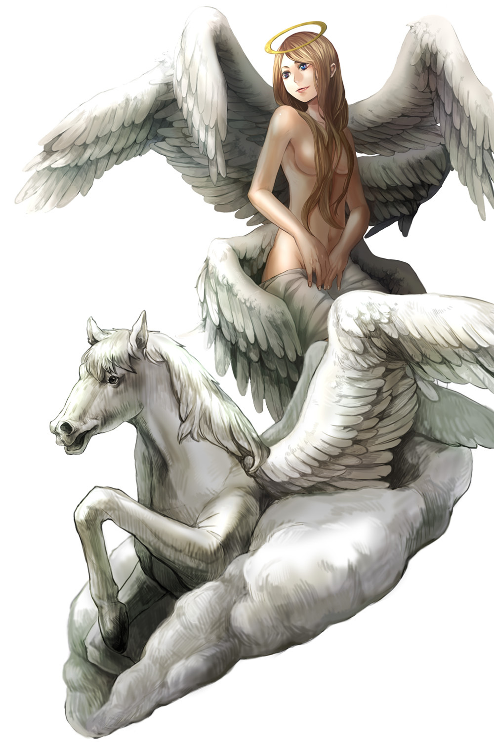 1girl, angel_wings, bad_id, bad_pixiv_id, breasts, female_focus, halo, highres, multiple_wings, navel, nude, ookamiya, original, pegasus, rowya, seraph, solo, traditional_halo, wings