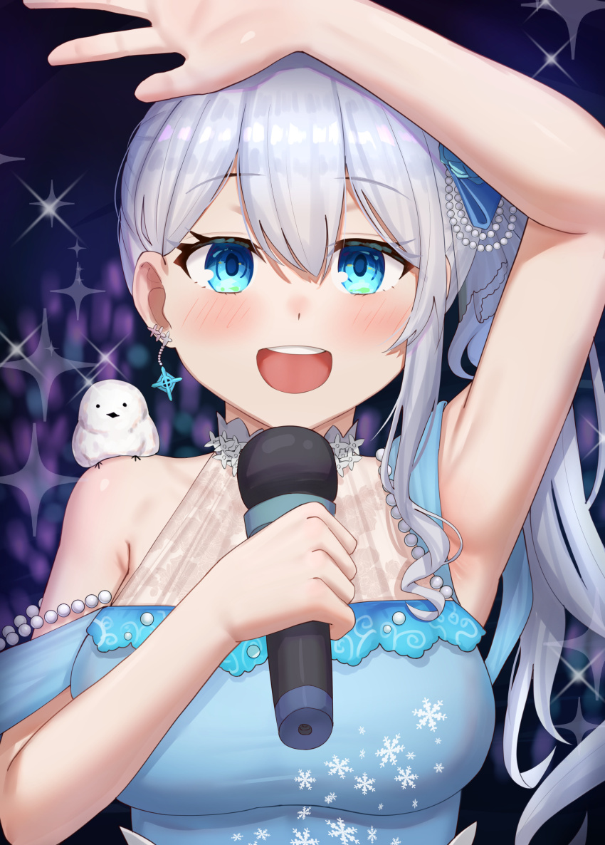 1girl, absurdres, animal, animal_on_shoulder, arm_up, armpits, bare_shoulders, bird, bird_on_shoulder, blue_eyes, breasts, commentary_request, earrings, female_focus, grey_hair, highres, holding, holding_microphone, indie_virtual_youtuber, jewelry, large_breasts, long_hair, looking_at_viewer, masamika10086, microphone, mirea_sheltzs, open_mouth, ponytail, smile, solo, sparkle, upper_body, virtual_youtuber
