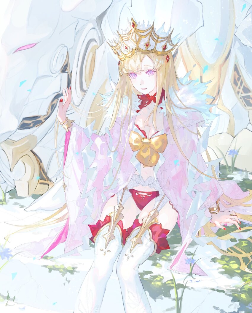 1girl, arm_rest, blonde_hair, bow, bracelet, breasts, bull, cleavage