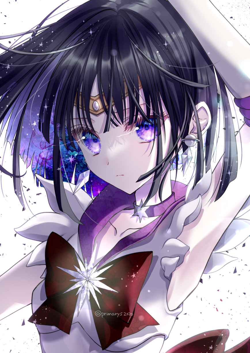 1girl, arm_up, armpits, back_bow, bishoujo_senshi_sailor_moon, black_hair, bow, brooch