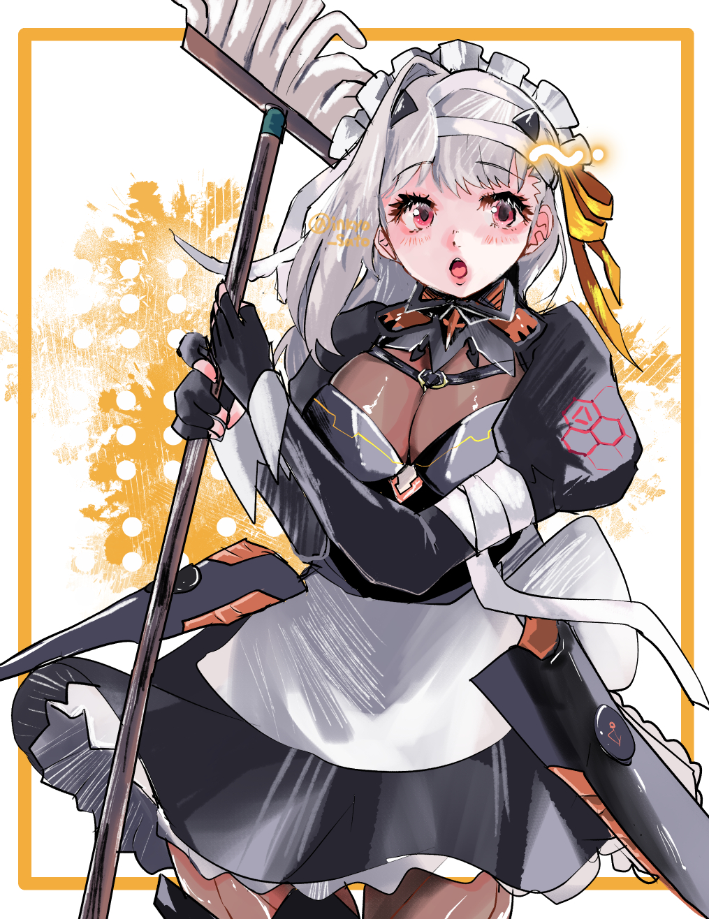 1girl, alternate_costume, apron, armor, bandaged_head, bandages, black_dress, black_gloves, blush, breasts, cleavage, dress, enmaided, frilled_apron, frills, gloves, goddess_of_victory:_nikke, grey_hair, hair_ribbon, highres, inkyo_sato, large_breasts, long_hair, looking_at_viewer, maid, maid_apron, maid_headdress, modernia_(nikke), mop, open_mouth, puffy_sleeves, red_eyes, ribbon, see-through_clothes, see-through_cleavage, solo, waist_apron, white_apron, yellow_ribbon