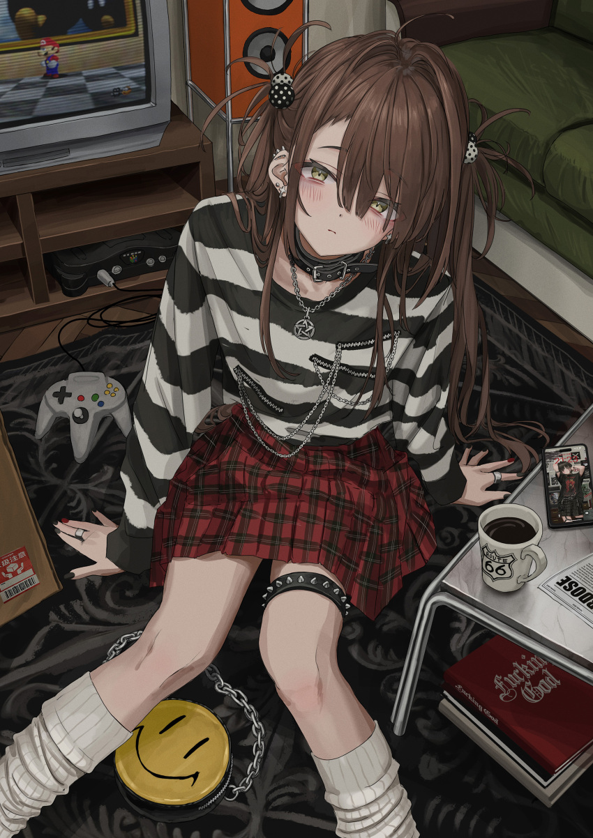 1girl, absurdres, black_nails, black_shirt, bob-omb, coffee, cup, disposable_cup